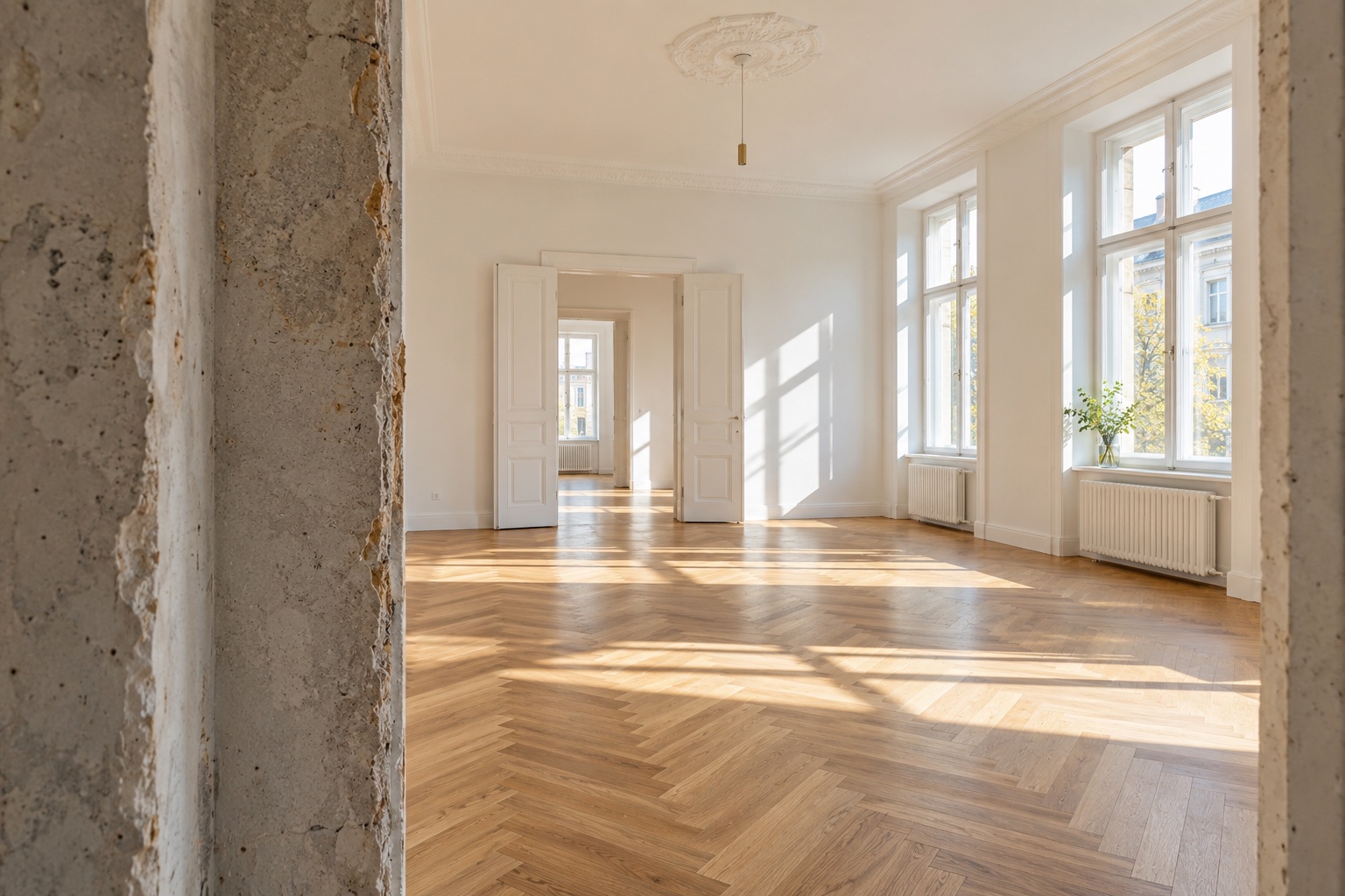 Heller renovierter Wohnraum mit Eichenparkett und großen Fenstern
